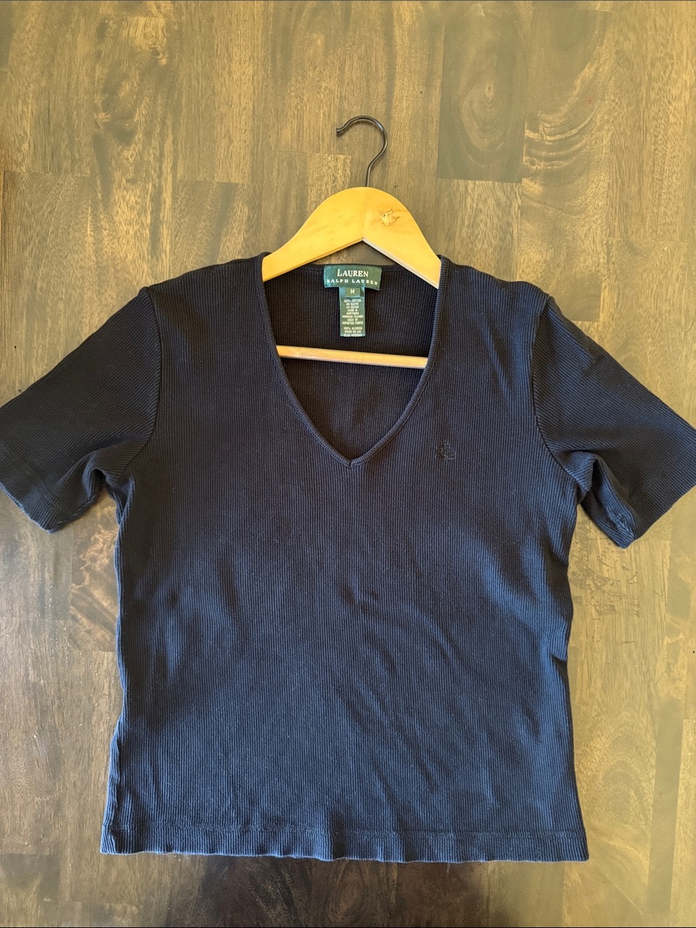 Vintage Lauren Ralph Lauren Black Ribbed V-Neck Short Sleeve Top